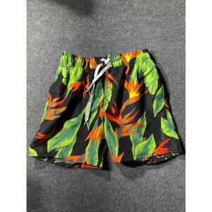 Island Haze Mens Swim Trunks Medium Black Bird of Paradise Tropical Floral Short